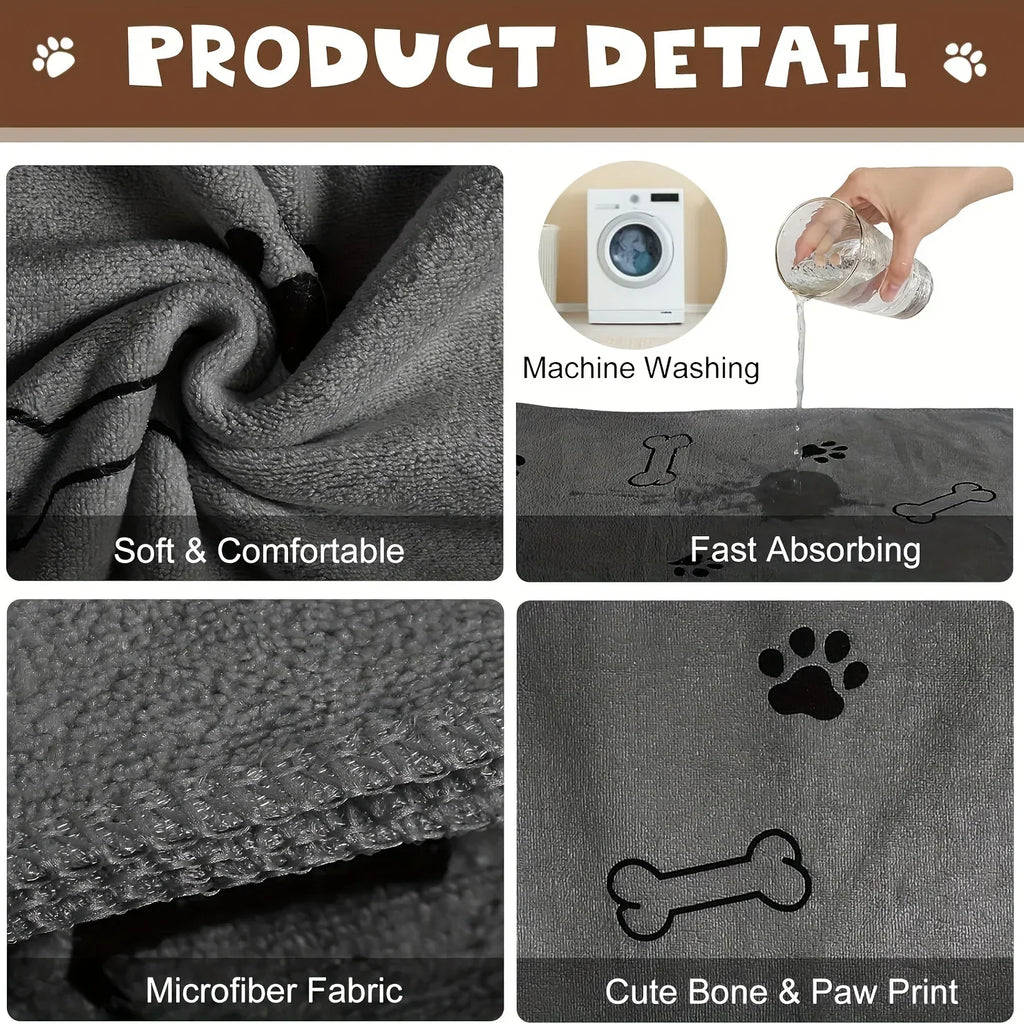 PawFlow Quick-Dry Pet Bath Towel — Super Absorbent Towel with Paw & Bone Print for Dogs & Cats