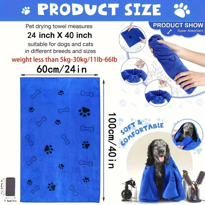 PawFlow Quick-Dry Pet Bath Towel — Super Absorbent Towel with Paw & Bone Print for Dogs & Cats