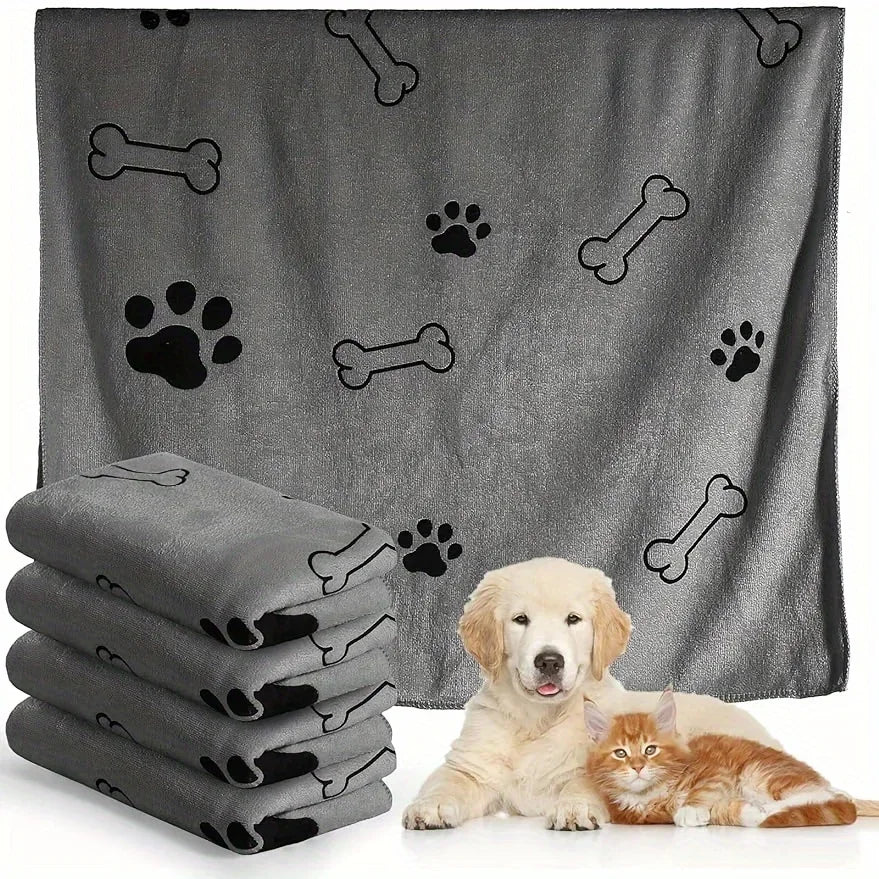 PawFlow Quick-Dry Pet Bath Towel — Super Absorbent Towel with Paw & Bone Print for Dogs & Cats