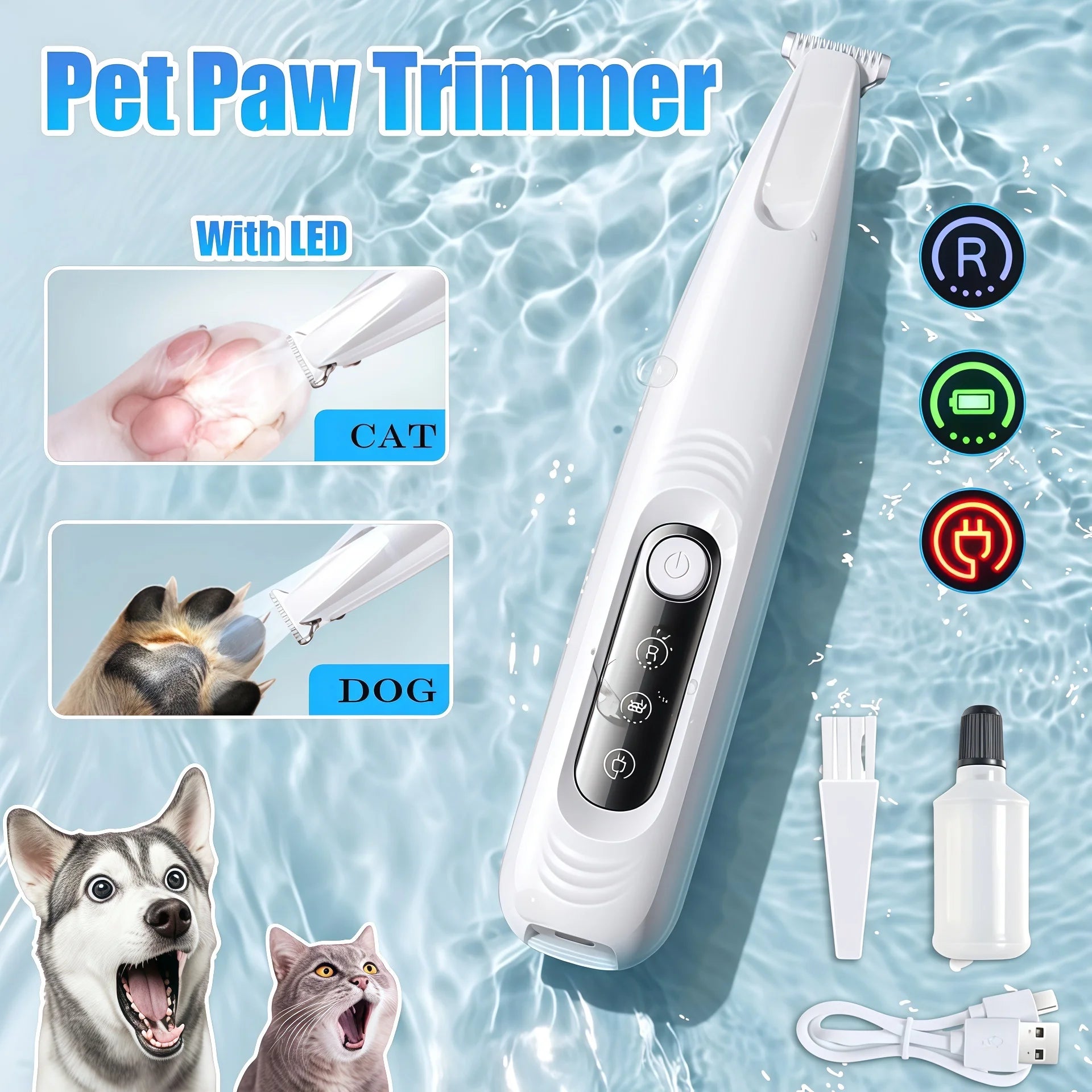 PawFlow LED Pet Paw Trimmer — Cordless Waterproof Dog & Cat Hair Clipper with Display