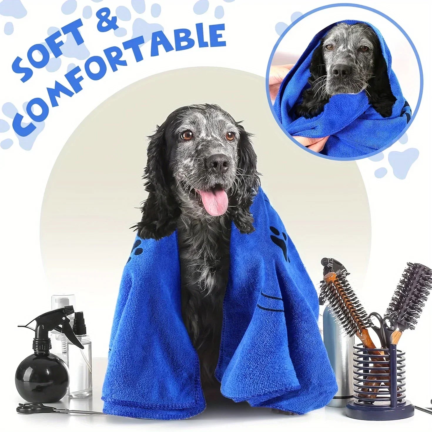 PawFlow Quick-Dry Pet Bath Towel — Super Absorbent Towel with Paw & Bone Print for Dogs & Cats